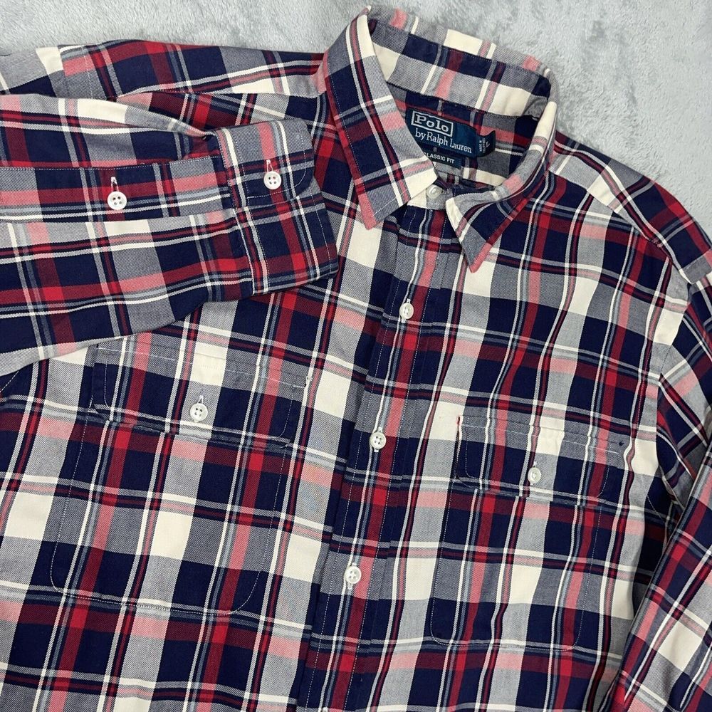Vintage Ralph‎ Lauren Shirt Mens Large Red White  Blue Tartan Plaid Button Up